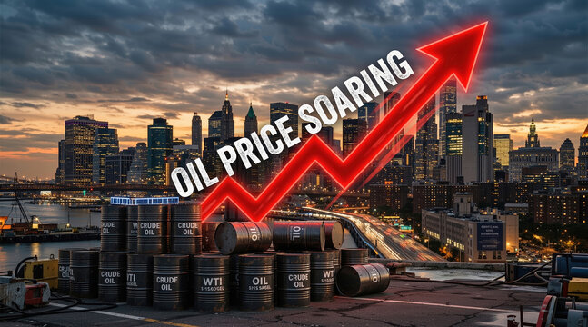 Oil price soaring concept with a red upward arrow and stacked crude oil barrels. Rising energy costs and inflation financial trend against a modern city skyline at dusk