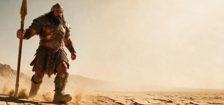 Powerful warrior in ancient armor walking with spear through dusty desert. Bearded man in gladiator armor and helmet marching across barren land. Epic battle hero, mythology and history concept.