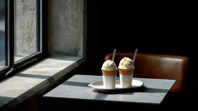 Two vanilla ice cream cones on a tray in a cafe. Waffle cones with scoops of ice cream on a table by a window. Summer dessert and refreshment concept. Minimalist still life with copy space