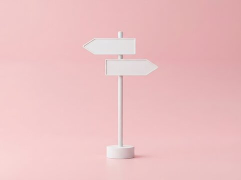 Minimalist White Signpost With Two Blank Directional Arrows On Soft Pink Background
