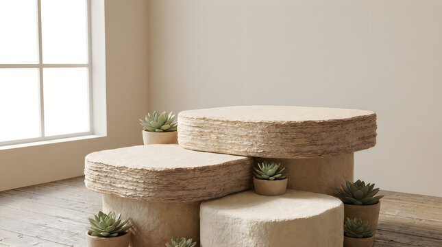 Modern wooden display podiums with small green succulent plants in a bright sunny living room