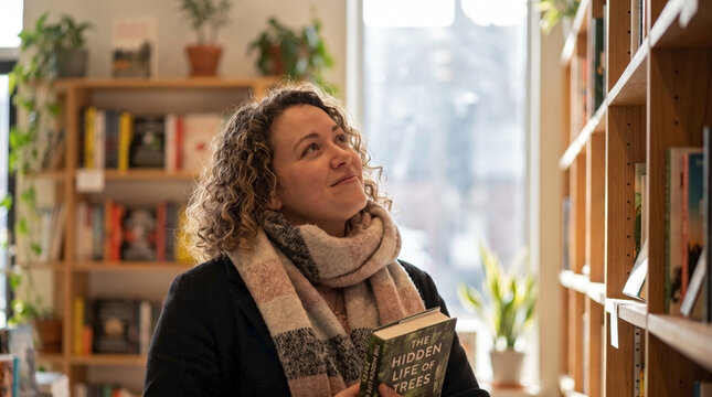 Woman exploring bookstore shelves while selecting novel for reading blogs, literature websites, education, book club promotion, and lifestyle content