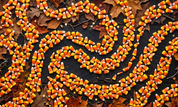 Abstract background featuring swirling patterns of orange candy corn pieces arranged on a dark textured surface