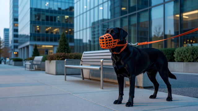 Leashed dog wearing muzzle standing on city sidewalk, pet safety and animal behavior