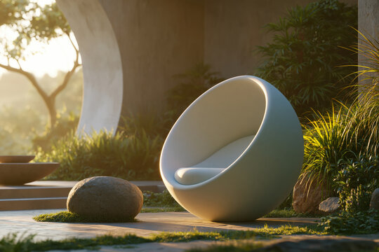 Modern round chair in peaceful outdoor garden surrounded by natural plants