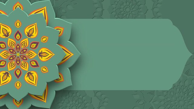 Rotating Indian Rangoli with copy space. Diwali festival of lights. Green color background. 4K loop video animation.