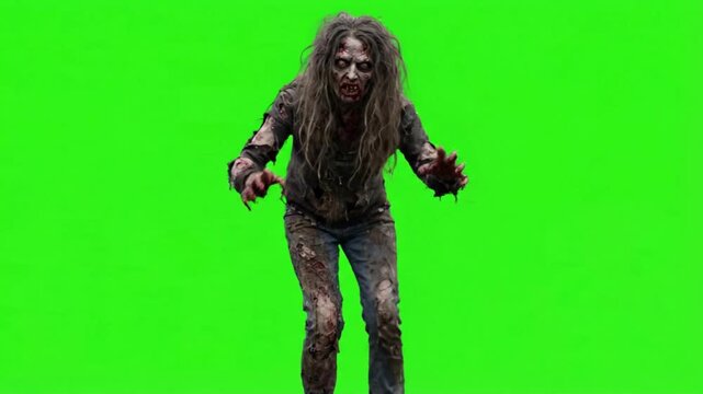 Scary zombie walking on a green screen background, chroma key