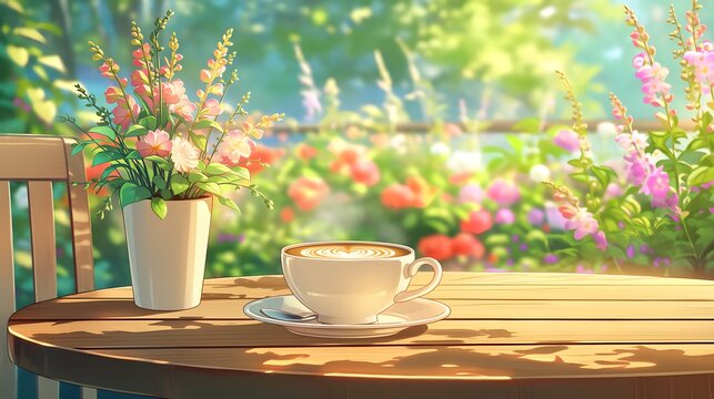 花が咲くテラスの木のテーブルに置かれたラテと花瓶、光あふれるカフェの午後