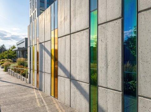 modern building with reflective glass panels , Modern futuristic composition, Scattered translucent glass.