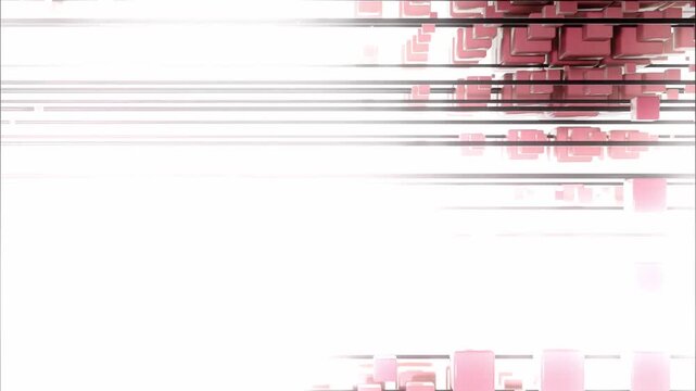 Rhythmic field of pink cubic forms pulsing through a brilliant white space, generating dynamic depth and immersive geometric movement for electronic music visuals.