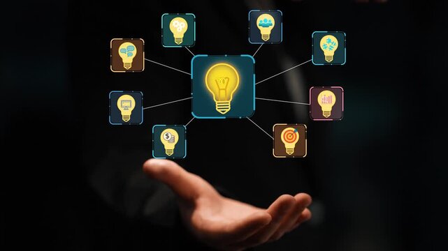 Innovative Light Bulb Concept Representing Ideas and Creativity with Connected Icons Illustrating Growth, Technology, and Solutions in a Digital Age. Entropy.