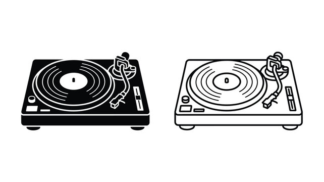 Two turntable silhouettes display vinyl record player design on white background silhouette