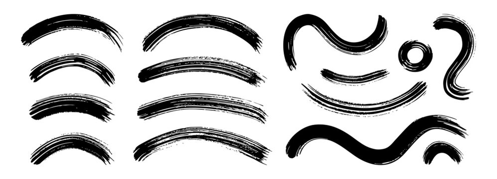 Paintbrush pattern with arc stroke with abstract Japanese line. Vector hand drawn smears with black circle and brushstroke ink marker. Paintbrush smear and texture stripe stroke