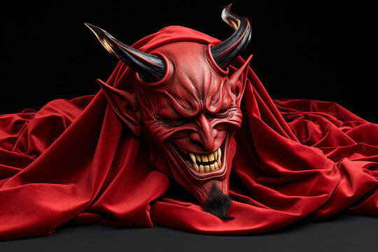 Red devil demon mask with black horns and red velvet drapery