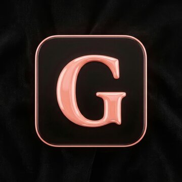 Pink letter G, glossy rose alphabet monogram, black silk fabric square frame. Serif capital initial emblem, metallic shine decor. Pink letter G elegant style