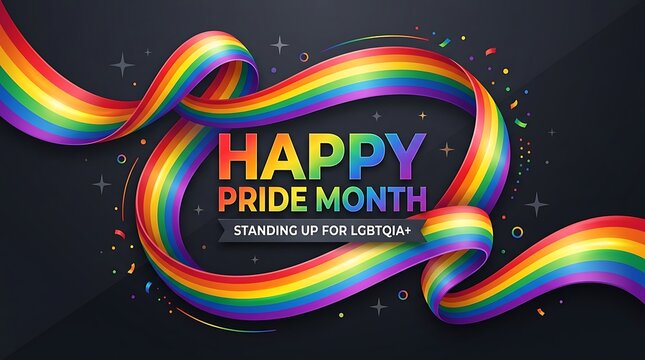 Happy Pride Month greeting card with a flowing rainbow ribbon on a dark background