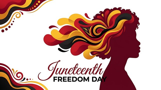 Juneteenth Freedom Day illustration featuring a silhouette of a woman with flowing abstract hair in vibrant colors