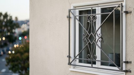 Fototapeta premium Decorative metal security grille on a sunlit residential window, offering protection and modern architectural style with a blurred urban bokeh background.