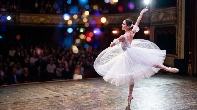 Graceful ballerina in white tutu performs on stage with vibrant bokeh lights, capturing elegant motion and artistic expression