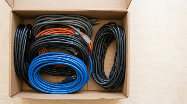 Neatly coiled colorful power extension cords organized in a cardboard box, ready for use or storage