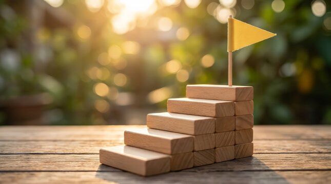 An upward path of wooden blocks toward a yellow flag representing ambition and overcoming challenges.