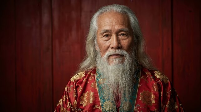 Calm elderly Asian man with long white hair and beard posing against a red background.