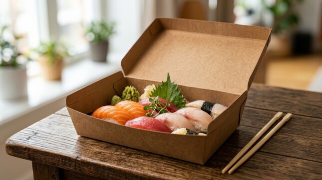 Delicious assorted nigiri sushi with salmon and tuna in a cardboard box for home dining.