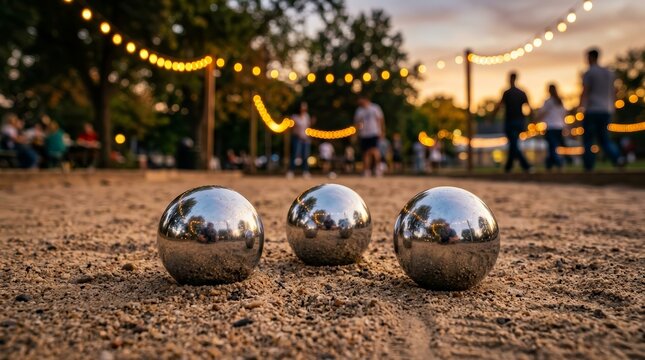 Evening leisure activity with friends playing bocce on a sand court at sunset.