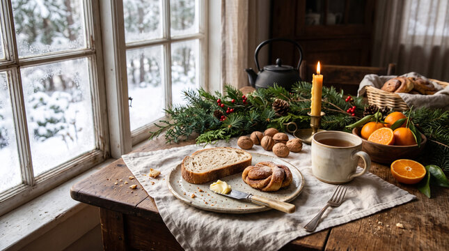 Cozy winter breakfast on rustic wooden table by snowy window