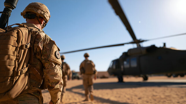 soldiers walking toward a helicopter on an open desert military base under a bright clear sky, rear view with faces out of frame, sandy ground and distant vehicles, aviation,