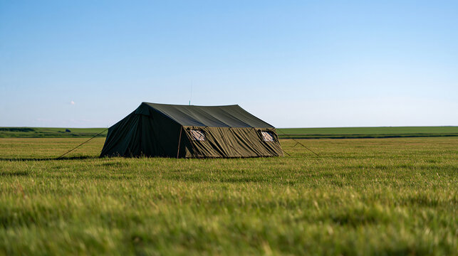 large military tent standing alone in a vast open field under a bright clear sky, wide daylight landscape shot, green grass extending to the horizon, strategic field camp, outdoor