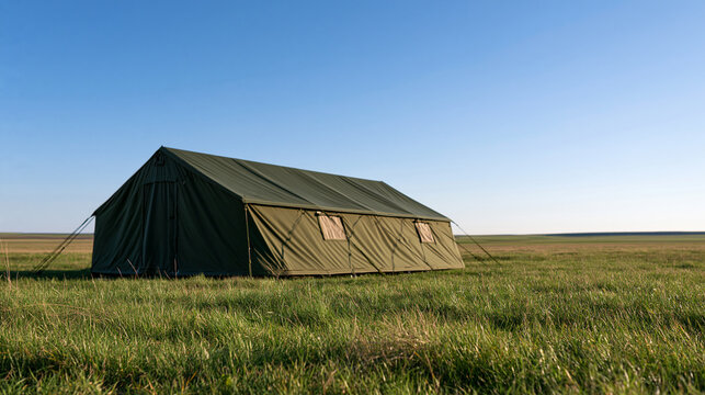 large military tent standing alone in a vast open field under a bright clear sky, wide daylight landscape shot, green grass extending to the horizon, strategic field camp, outdoor