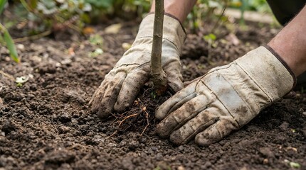 Fototapeta premium Hands wearing dirty gardening gloves planting a small tree seedling into rich soil outdoors