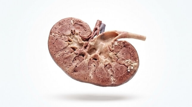Cross section of human kidney showing internal anatomical structure and renal pelvis with renal system internal organ physiology