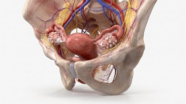 Detailed 3D medical illustration of female pelvic anatomy showing internal organs and blood vessels with internal