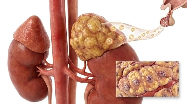 Detailed medical illustration showing enlarged adrenal gland pathology with microscopic cellular detail