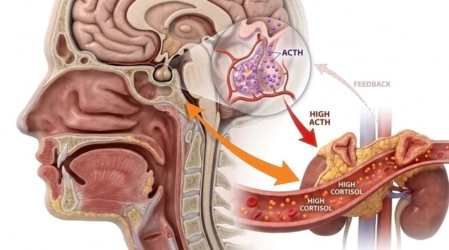 Medical diagram of human head and torso showing acth hormone pathway from pituitary to adrenal glands with pituitary gland
