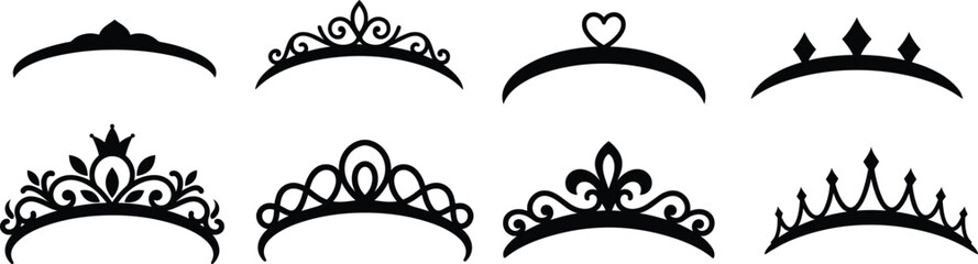 Princess Tiara Vector Silhouettes Set – Black Decorative Crown Outlines Collection for Wedding and Royalty Design © Anupkumer