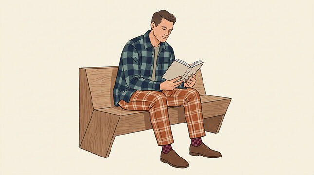 Man wearing checkered clothes sitting on wooden bench and reading book. Poetcore aesthetic illustration with retro nostalgia theme. Folk fashion style for autumn season editorial design.