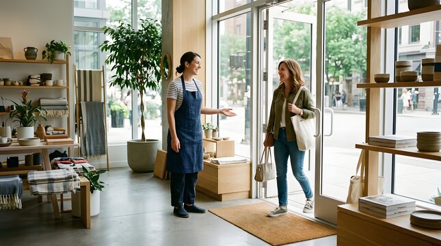 Shopkeeper Welcomes Customer Entering Boutique Store with Home Goods and Plants