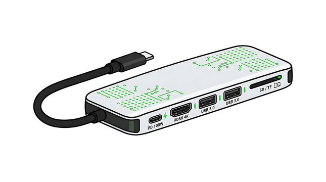 Modern usb c multiport hub adapter with multiple ports and connected cable, type c adapter