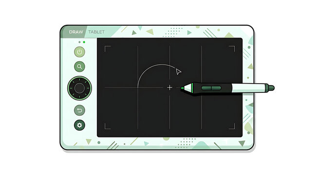 Digital graphic drawing tablet with stylus pen and shortcut buttons on white background