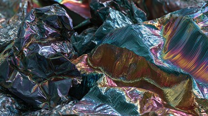 Obraz premium Crumpled iridescent holographic metallic fabric foil with teal blue and gold color spectrum texture