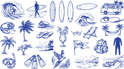 Vintage surfing sketches and summer beach icons set, blue hand drawn surf elements on white background, 25 vector illustrations for travel branding © Rohij Uddin