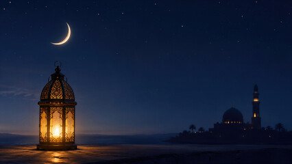 Fototapeta premium Ornate arabic lantern glowing under crescent moon and starry night sky with mosque silhouette on horizon. Mawlid celebration concept. Islamic holiday greeting card background with copy space