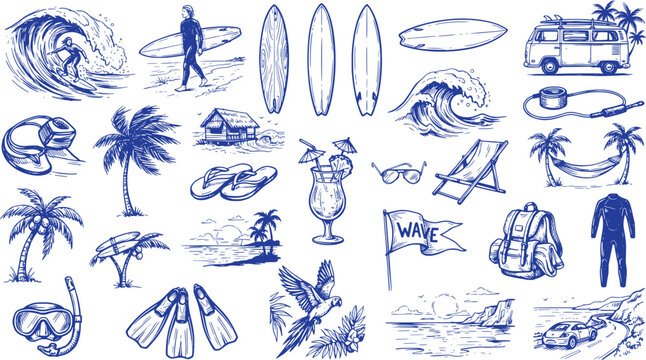 Vintage surfing sketches and summer beach icons set, blue hand drawn surf elements on white background, 25 vector illustrations for travel branding