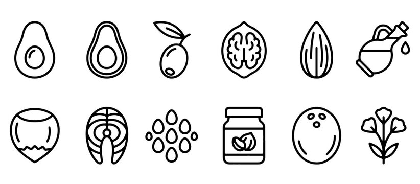Modern Healthy Fats and Oils Line Icon Set. Avocado, Olive, Nuts, Salmon and Seeds. Vector Illustration.