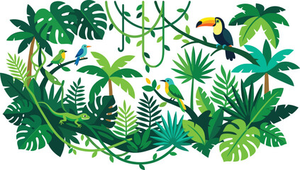 Fototapeta premium Tropical jungle scene with exotic birds and green palm leaves isolated on a white background
