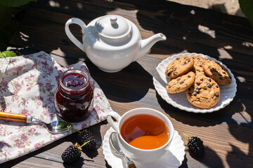 Fototapeta premium Outdoor tea time with cookies and homemade blackberry jam