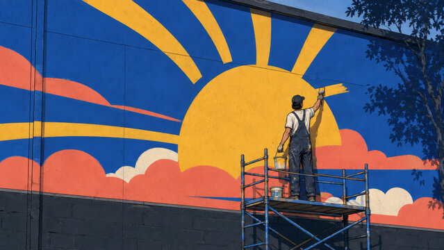Artist painting a sunrise mural from scaffolding, perfect for public art, urban renewal, creative careers, colorful community projects, street culture, artistic expression, and transformation searches